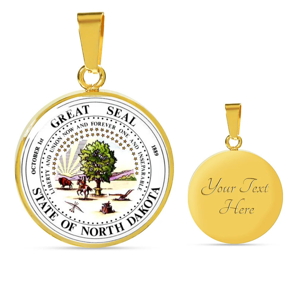 North Dakota State Seal Personalized Engraved Gold Circle Necklace Custom Name